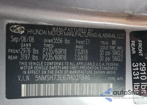 2007 Hyundai Santa Fe Se z USA, uszkodzony, nr VIN 5NMSH73E67H031846
